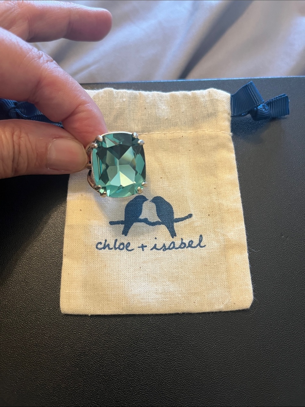 Chloe + Isabel Silver-Tone Ring with Teal Cushion Stone
